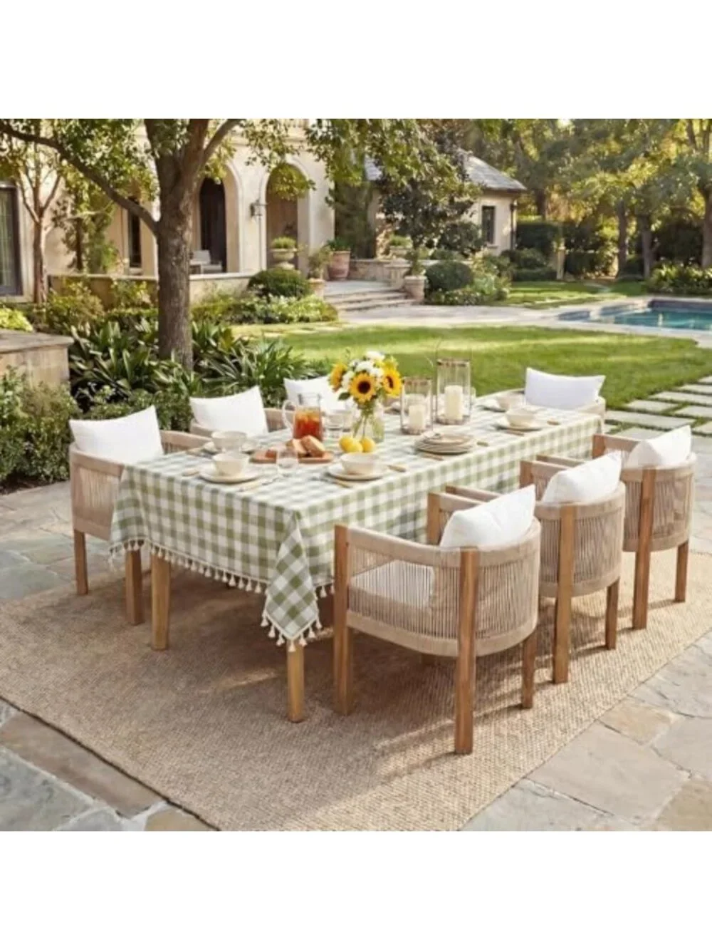 Gingham Rectangle Tablecloth with Tassels, Sage Green, 55